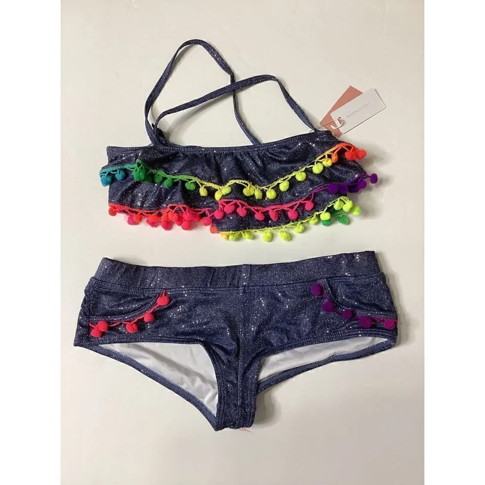 New. Pilyq denim sparkly Pom Pom bikini.